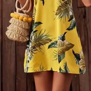 Tropical Yellow Dress with Leaf Print